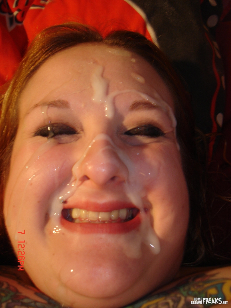 Fat girl loves cum all over her face. 
